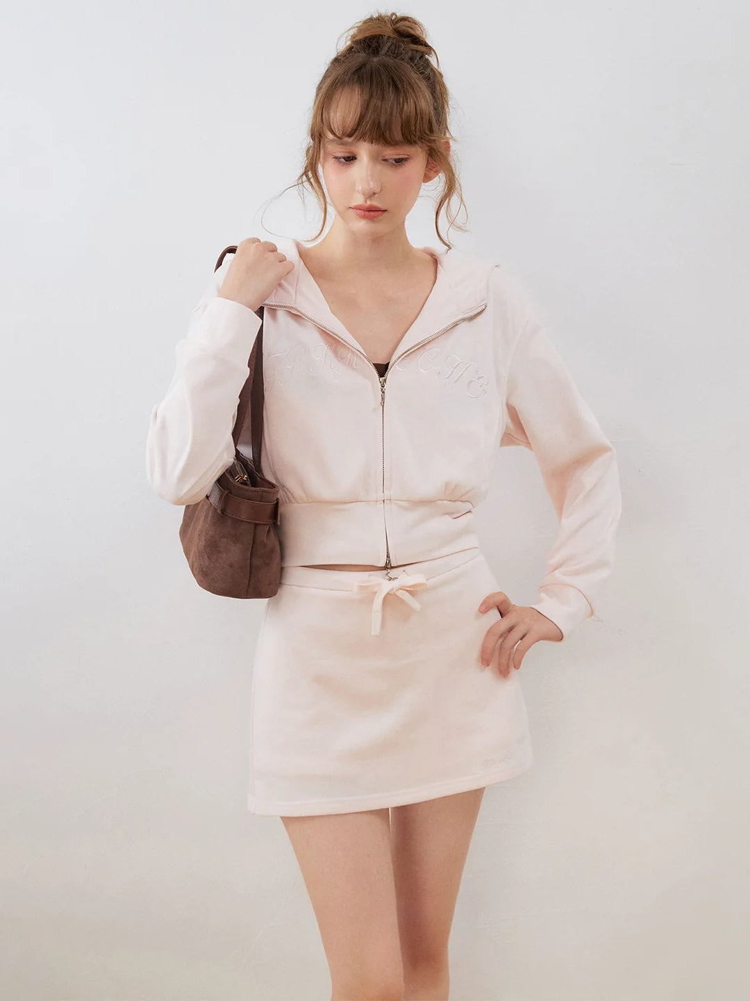Contrast Embroidered Zip Hoodie &amp; Skirt Set