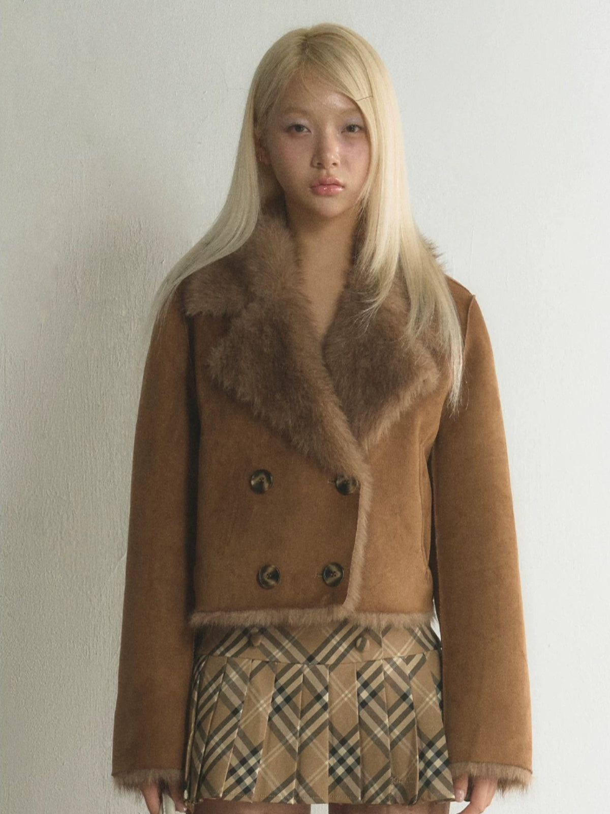 Double-Breasted Faux Suede Fur Jacket