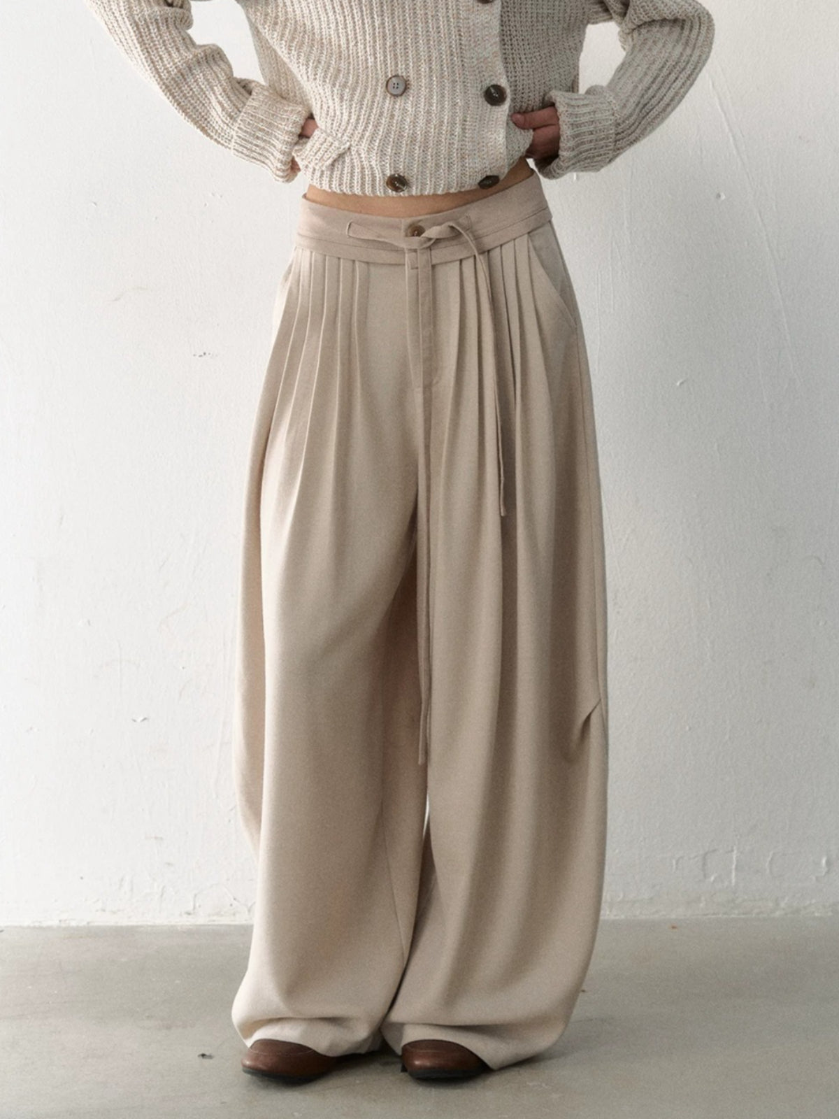 Pleated Tie-Waist Wide Leg Trousers