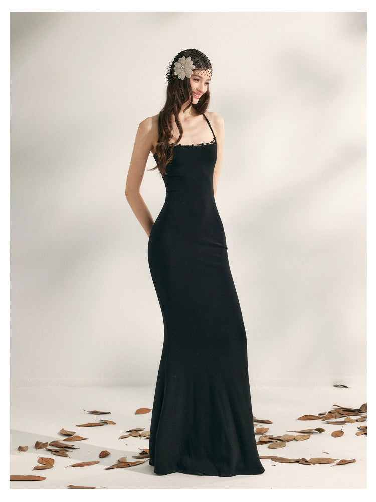 Beaded Halter Knit Fishtail Dress