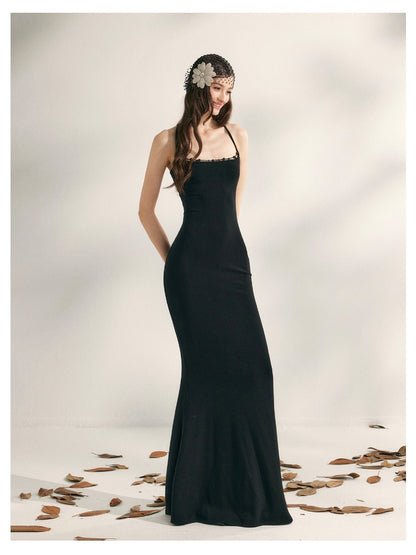 Beaded Halter Knit Fishtail Dress