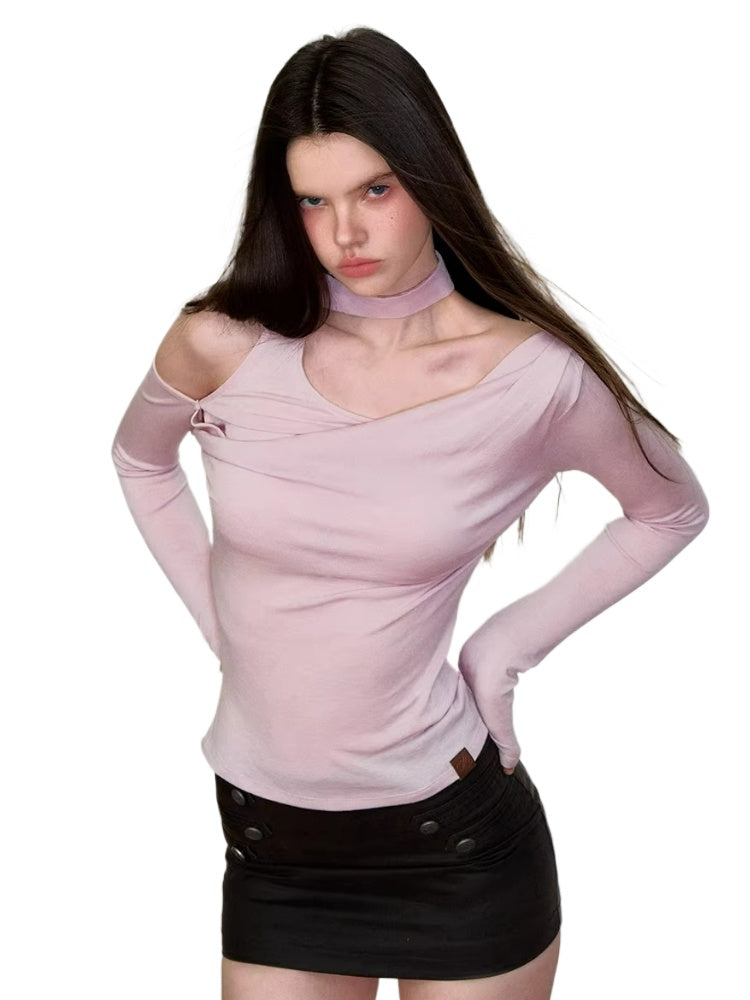 Asymmetrical Ribbon Off-Shoulder Knit Tee