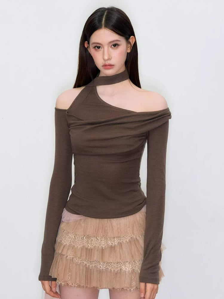 Asymmetrical Ribbon Off-Shoulder Knit Tee