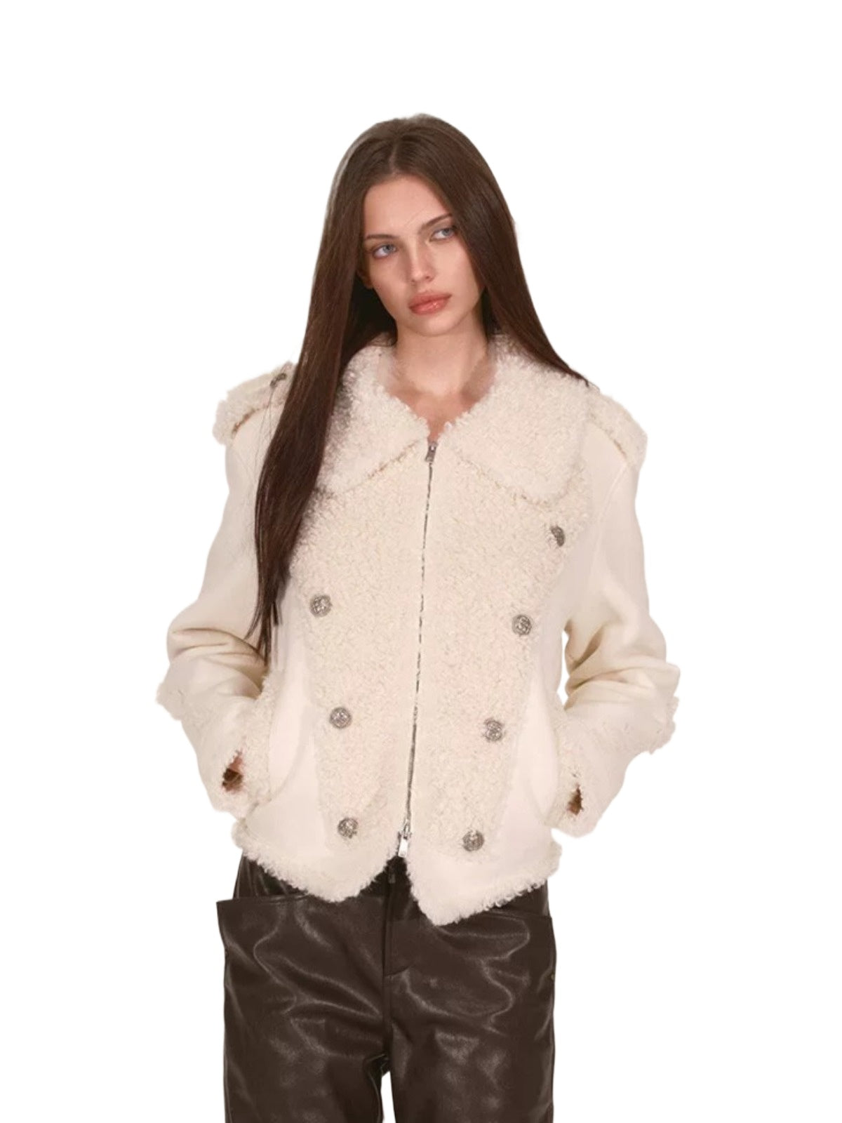 Ivory Double-Breasted Sherpa Panel Jacket