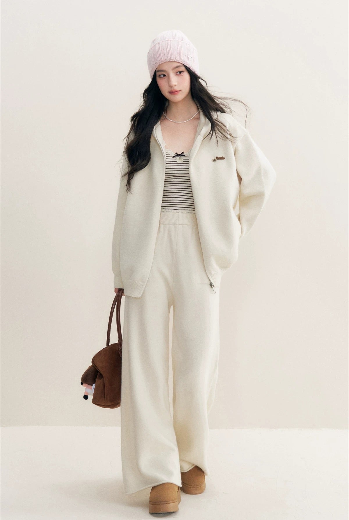 Beige Hoodie Knit Three-Piece Set
