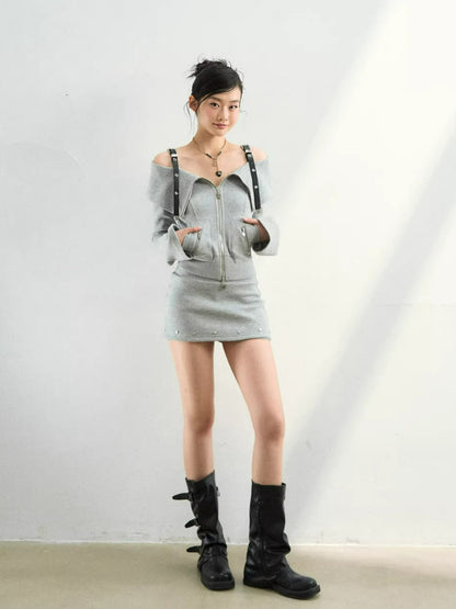 Off-Shoulder Sweatshirt Studded Skirt Set