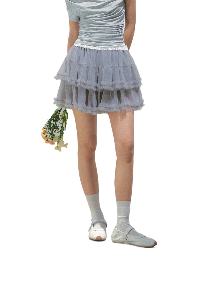 Grey Mesh Tiered A-Line Skirt