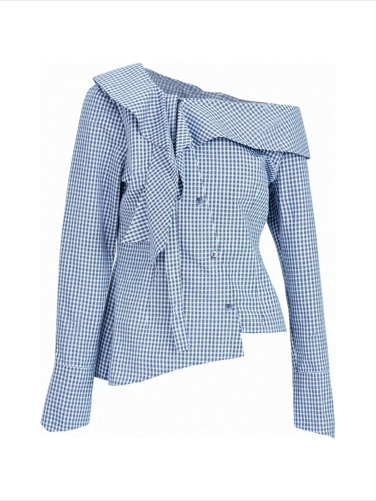 Asymmetric Plaid Off-Shoulder Shirt