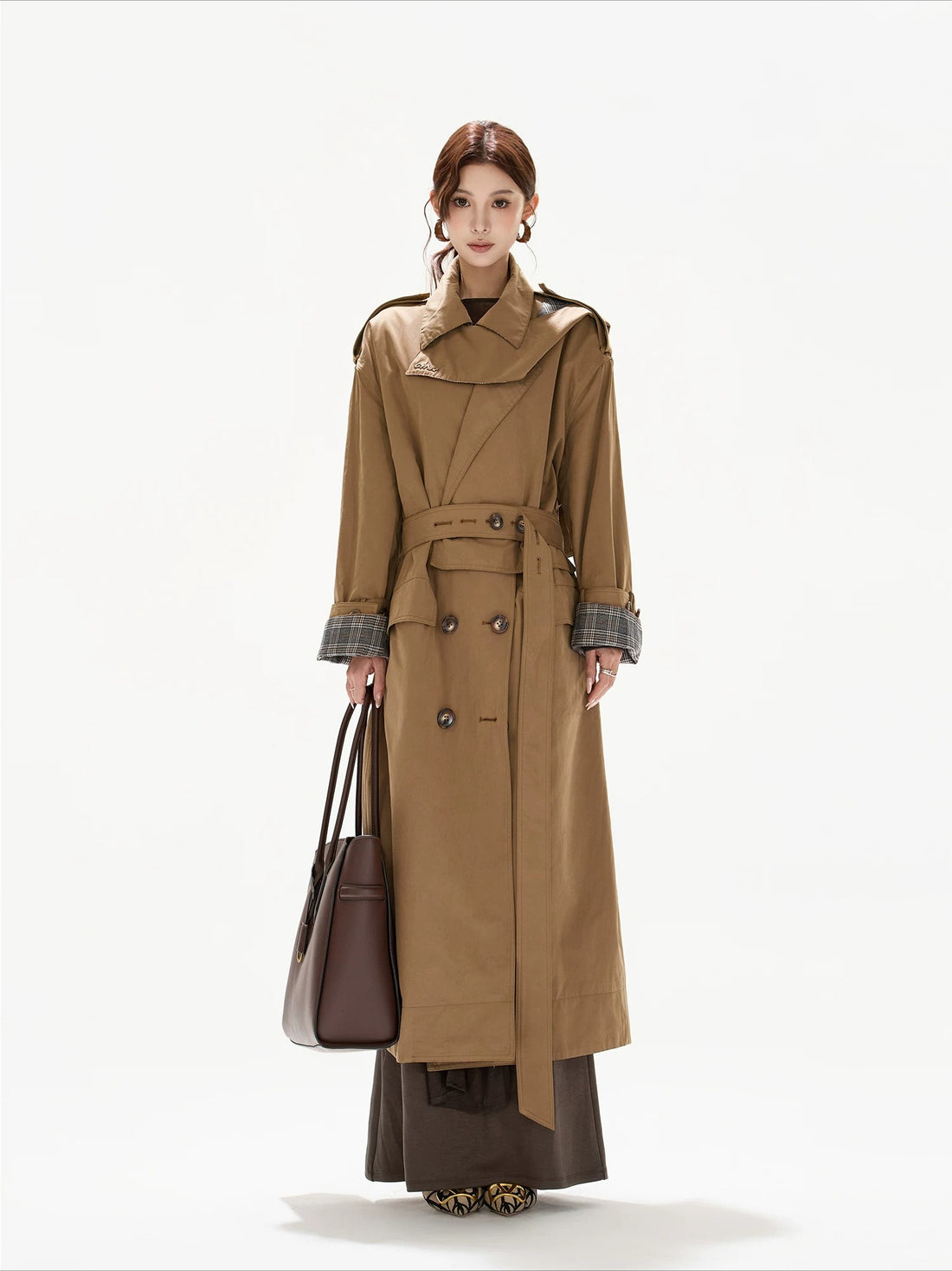 Khaki Plaid Belted Trench Coat
