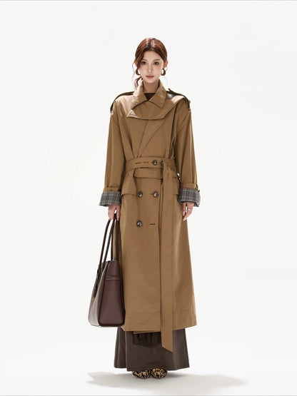 Khaki Plaid Belted Trench Coat
