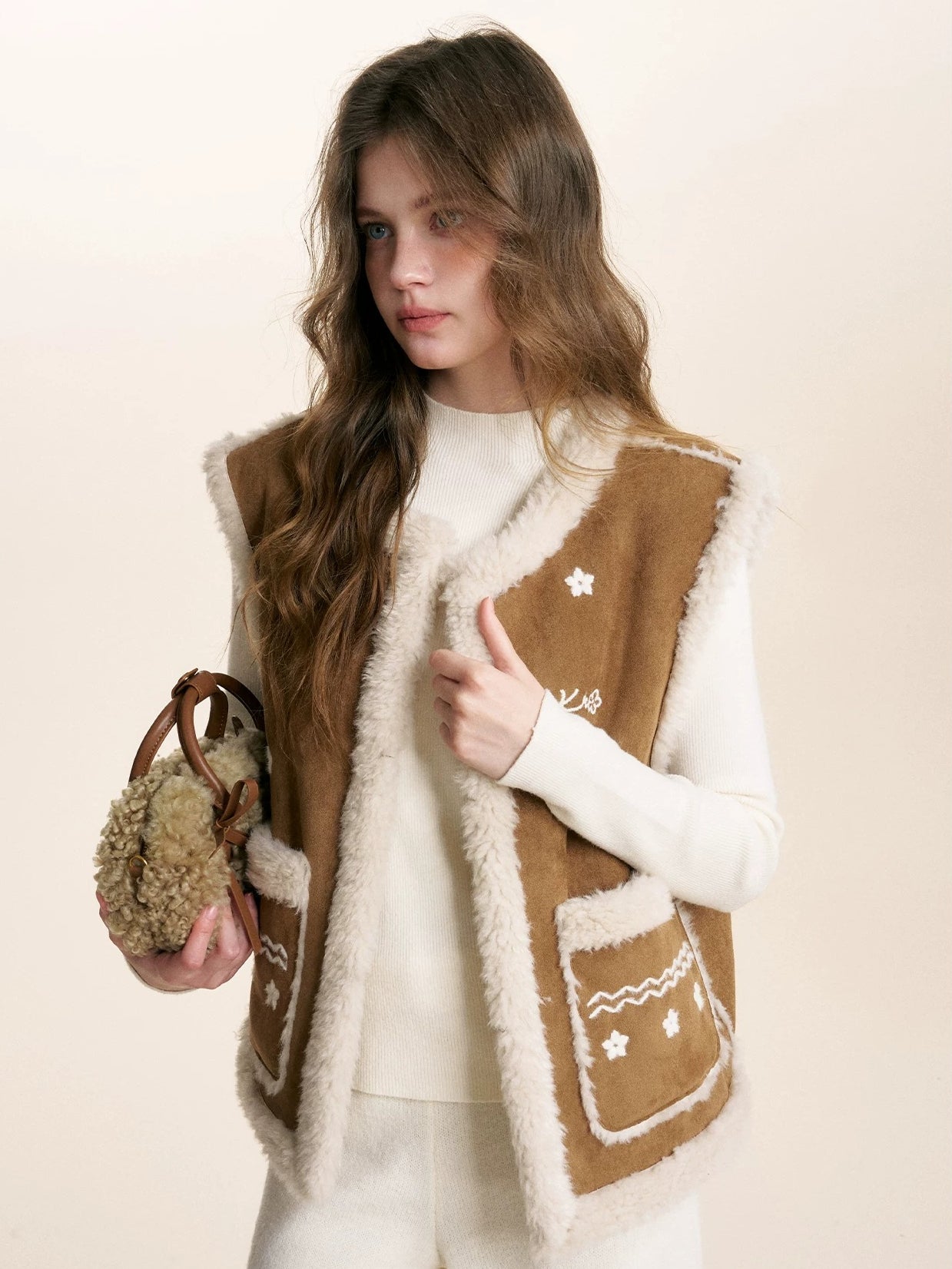 Brown Floral Shearling Vest