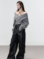 Grey & White Off-shoulder Knitted Wool Sweater