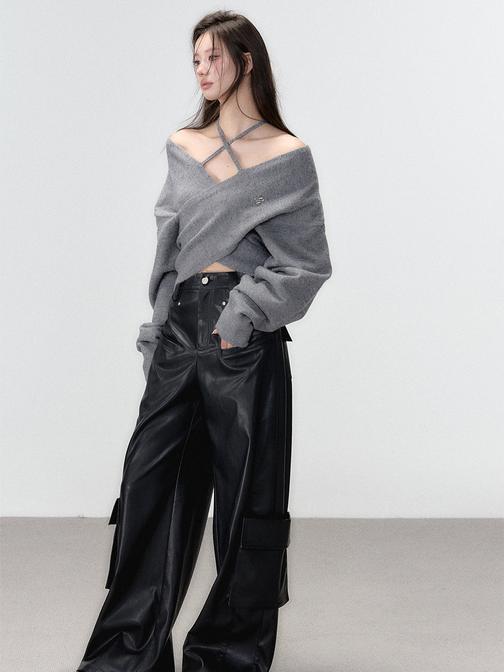 Grey &amp; White Off-shoulder Knitted Wool Sweater