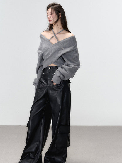 Grey &amp; White Off-shoulder Knitted Wool Sweater
