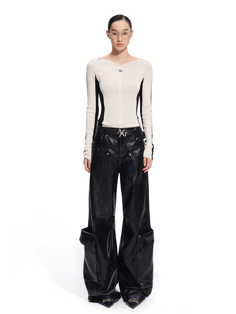 Punk-Style Eco Textured Faux Leather Wide-Leg Pants
