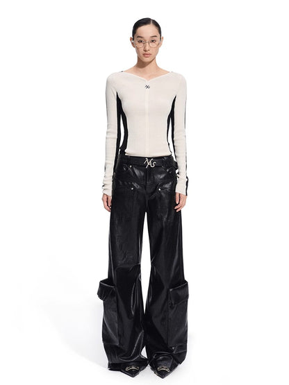 Punk-Style Eco Textured Faux Leather Wide-Leg Pants
