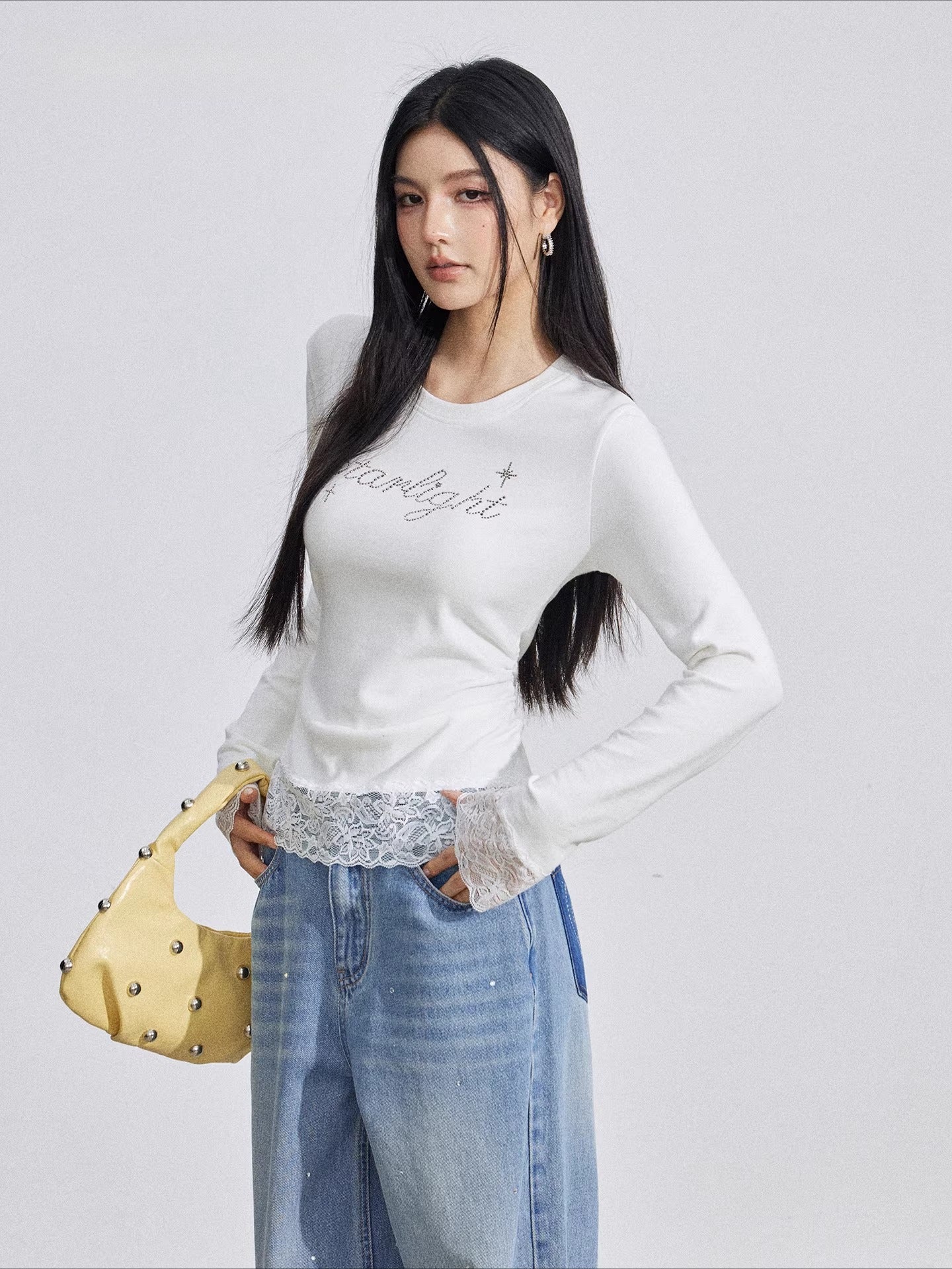 Beige Rhinestone Lace T-Shirt