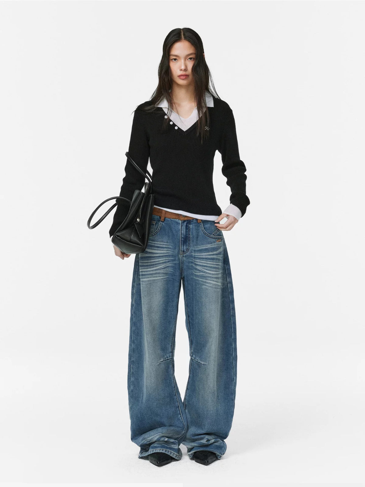 Faux Suede Waistband Barrel Jeans