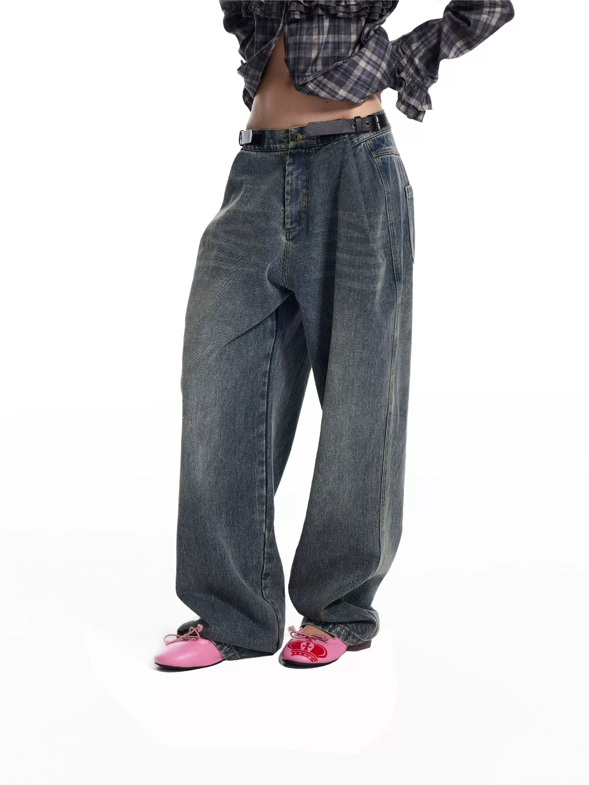 Adjustable Buckle Washed Denim Pants
