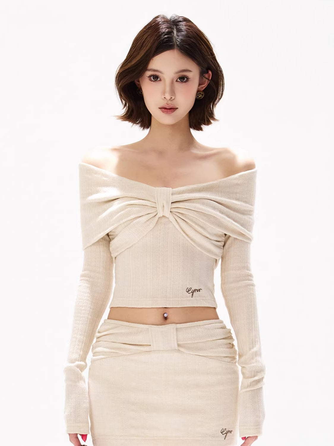 Apricot Twist Off-Shoulder Blouse &amp; Skirt Set