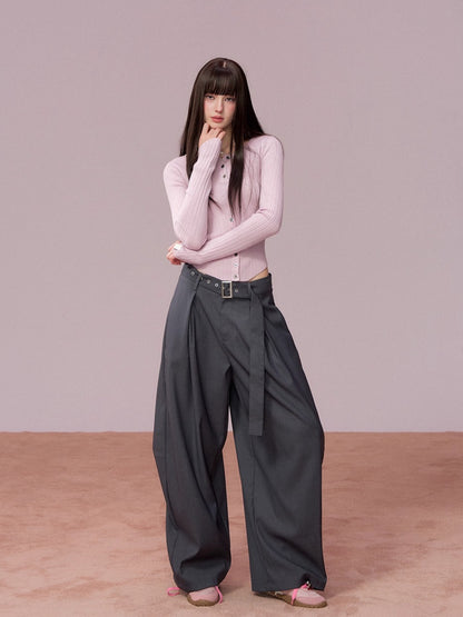 Belted Wide-Leg Tailored Trousers