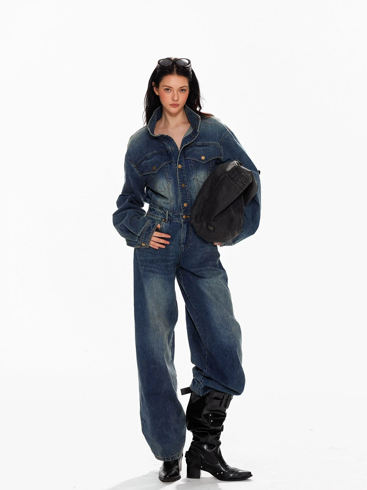 Vintage Washed Denim Wide Leg Jumpsuit