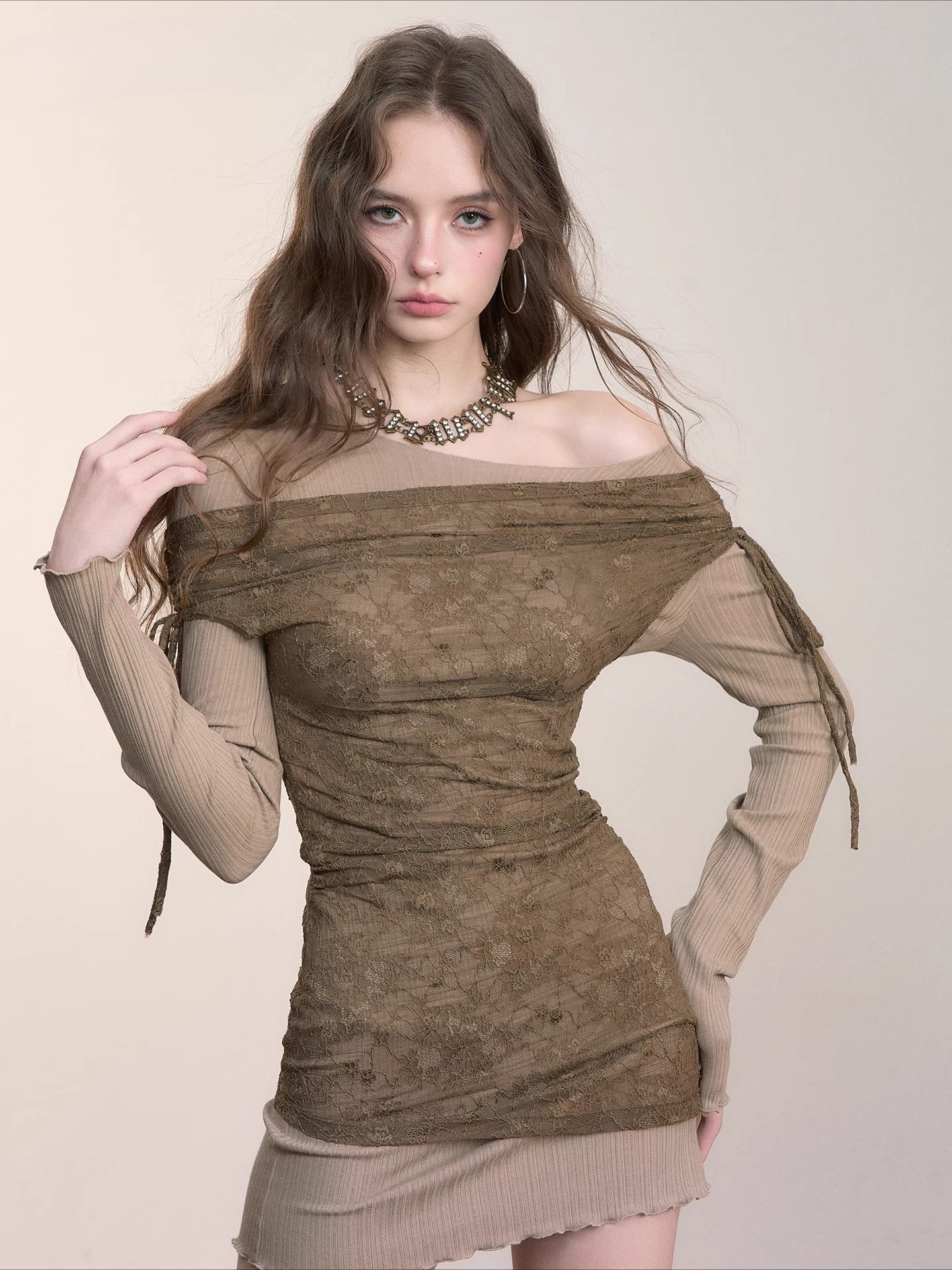 Khaki Colorblock Lace Mini Dress
