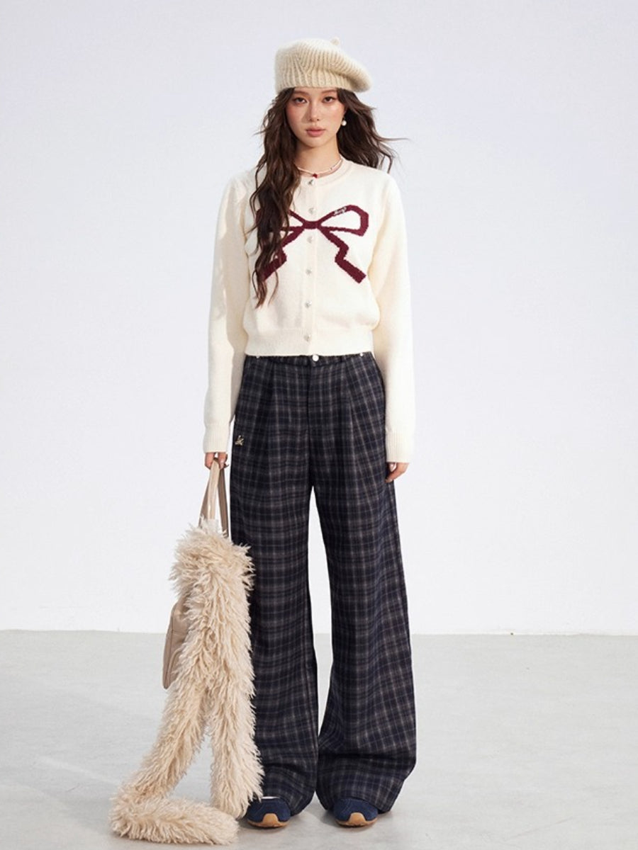 Gray Fleece Checkered Wide-Leg Pants
