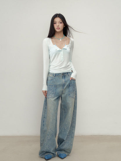 3D Rhinestone Wide-Leg Denim Pants