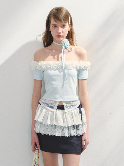 Off-Shoulder Irregular 3D Floral T-Shirt