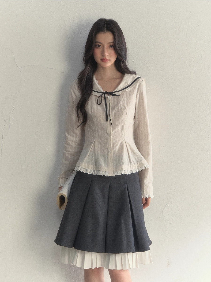 Beige Textured Sailor Collar Shirt &amp; Skirt Set