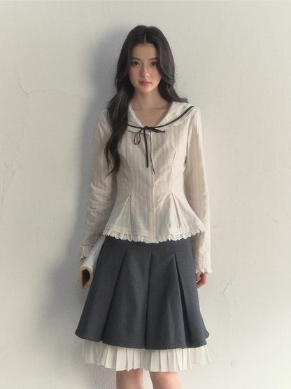 Beige Textured Sailor Collar Shirt &amp; Skirt Set