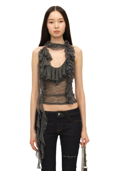 Two-Tone Lace Trim Halter Blouse