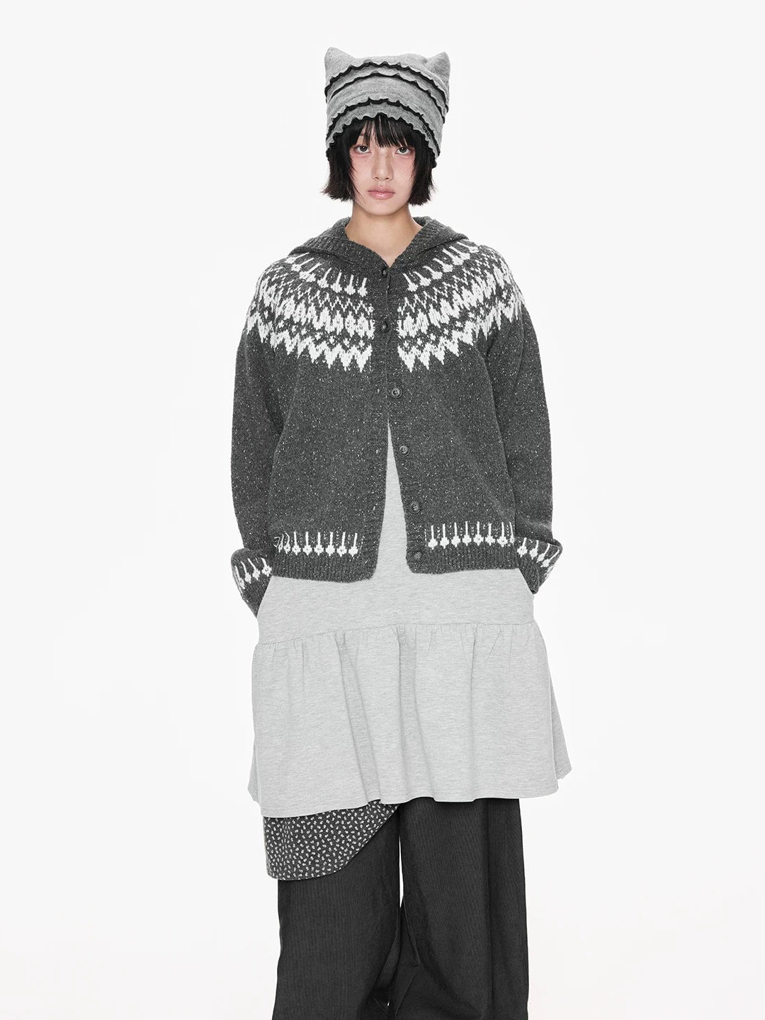 Fair Isle Hooded Knit Cardigan