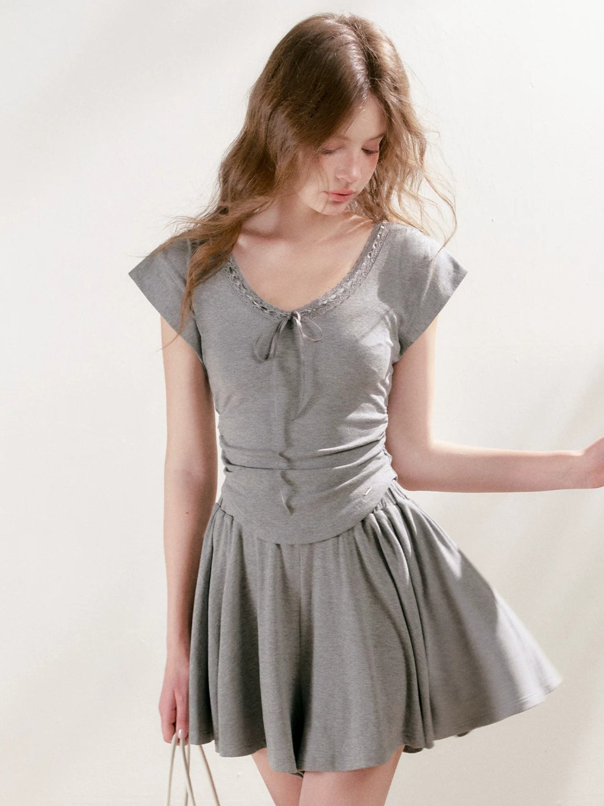 Lace-Trim Tie-Front T-Shirt &amp; Skort Set