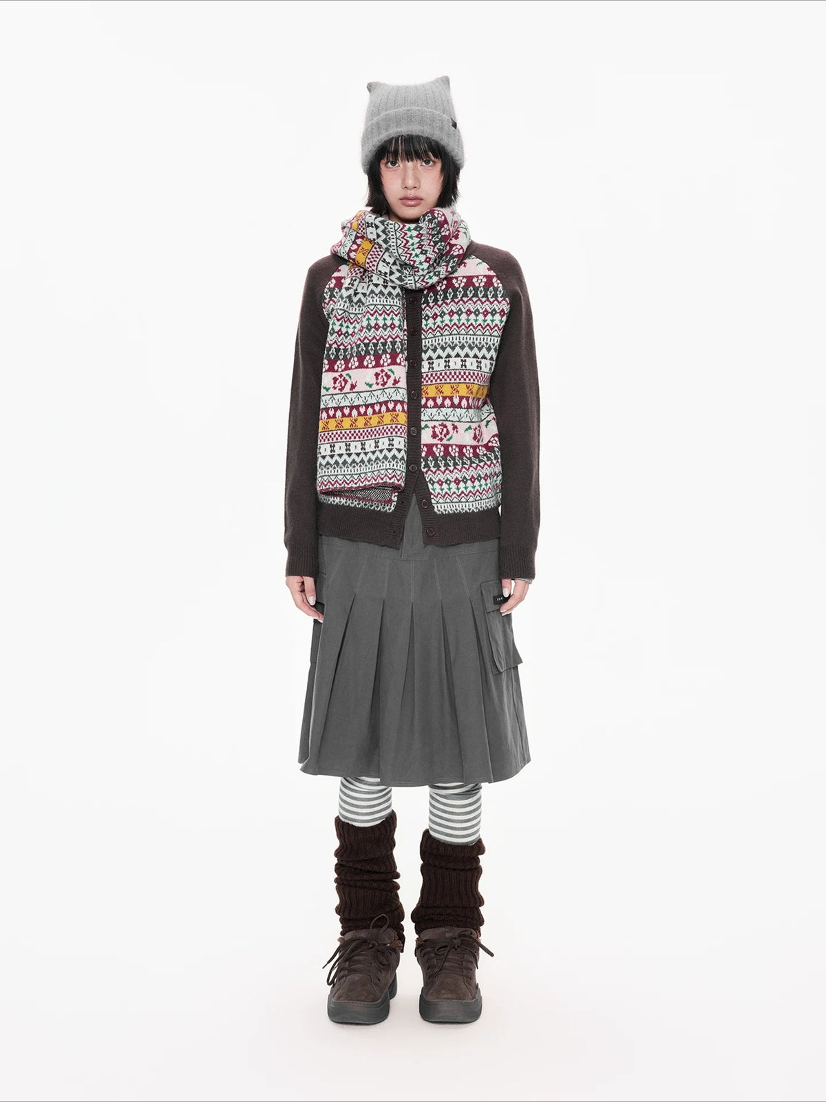 Contrast Folk Print Cardigan Set