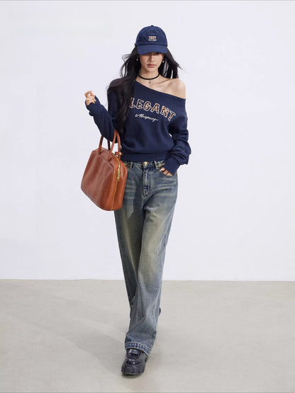 Off-Shoulder Letter Sweatshirt