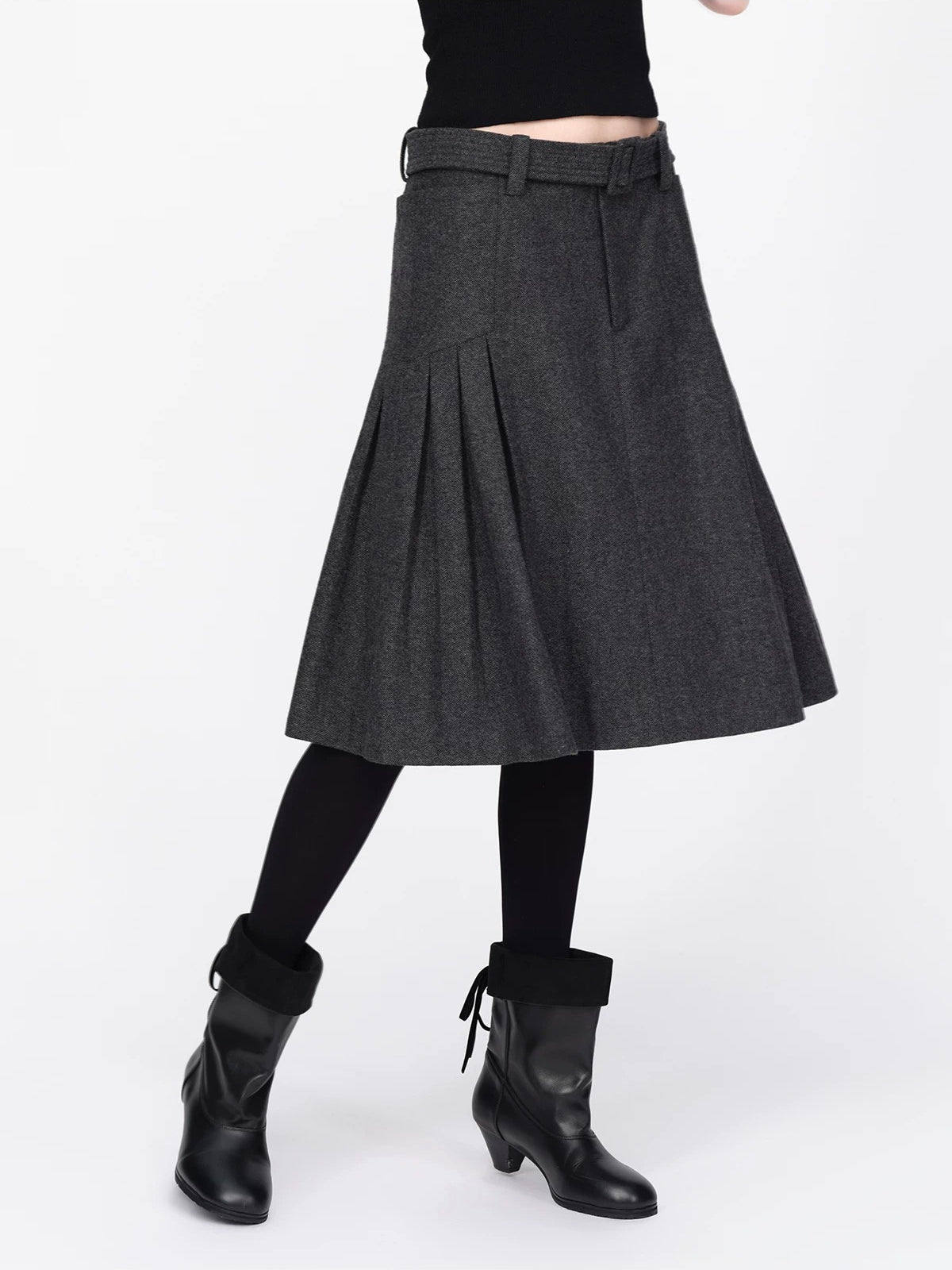 Wool Belted A Line Pleated Skirt