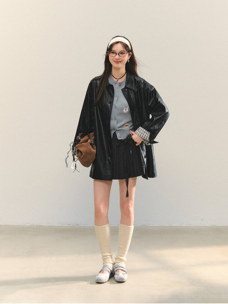 Black H-shaped Cuff Checkered Spliced Leather Jacket