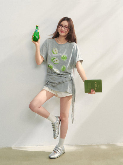 Fruit Print Lace-Trimmed Tie-Up T-shirt