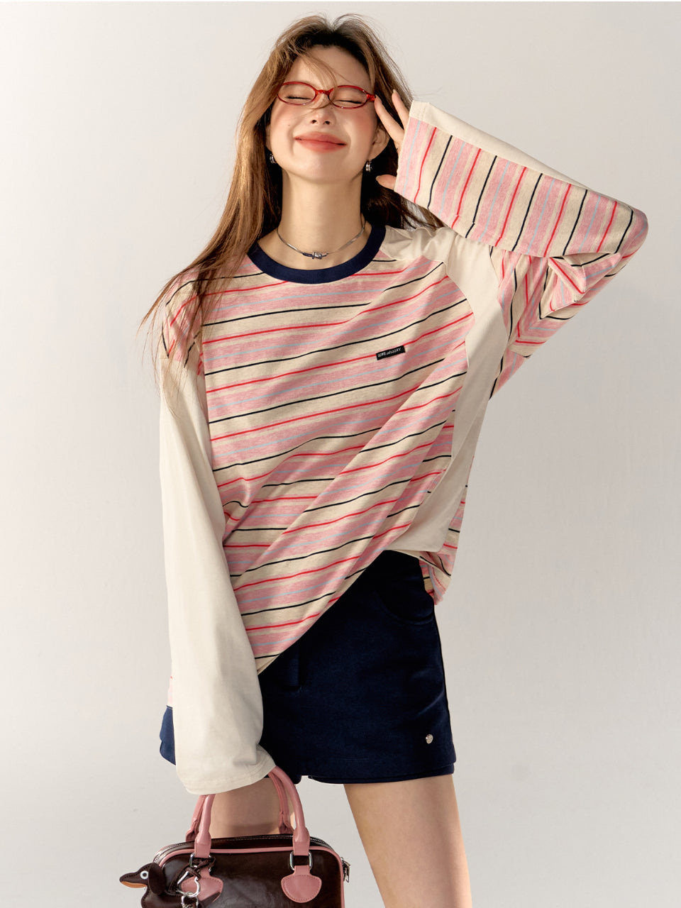 Pink Color-Block Striped Oversized T-shirt