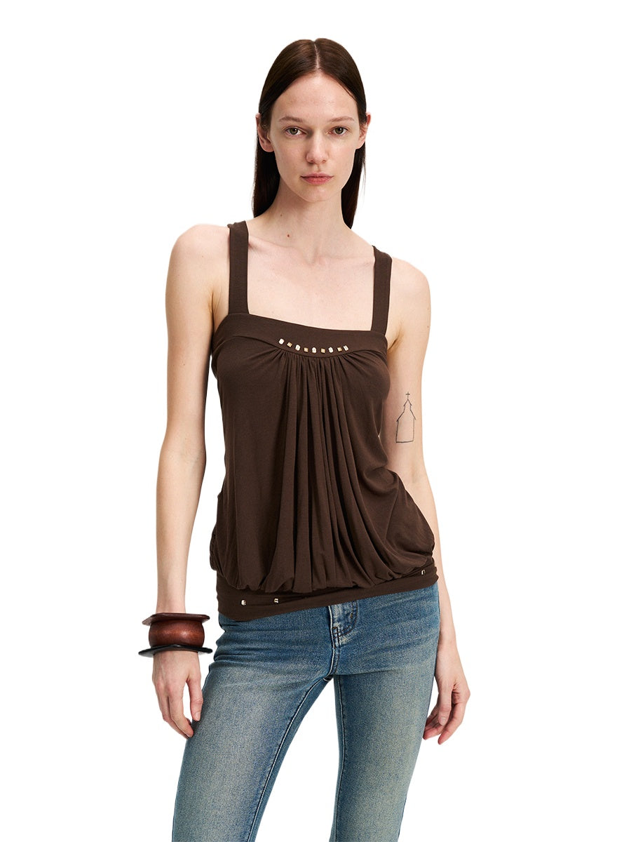Brown Rhinestone Pleated Cross-Back Cami