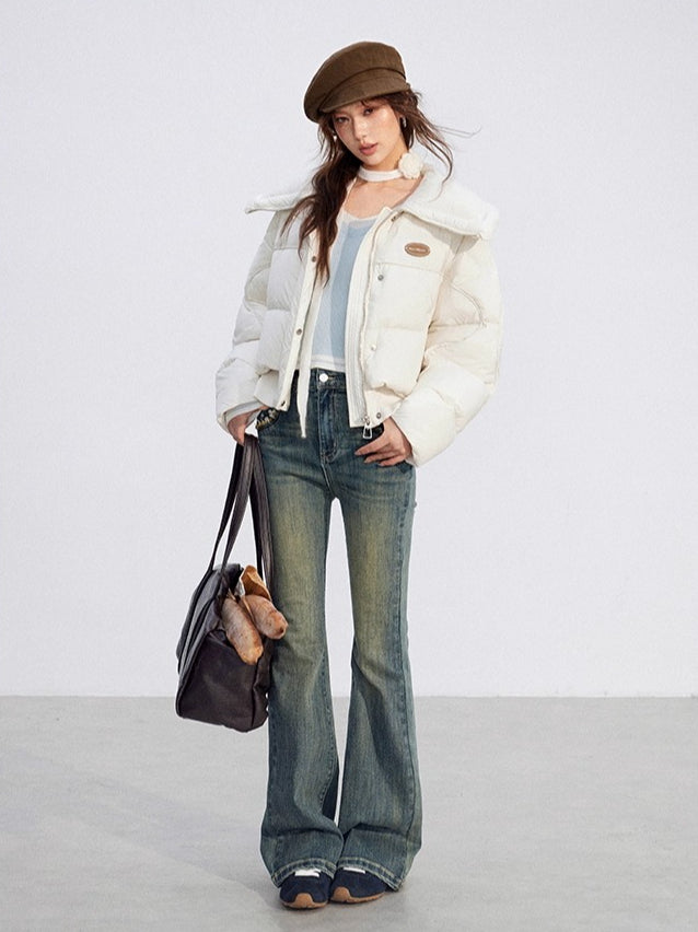 Large Lapel Knit-Panel Down Jacket