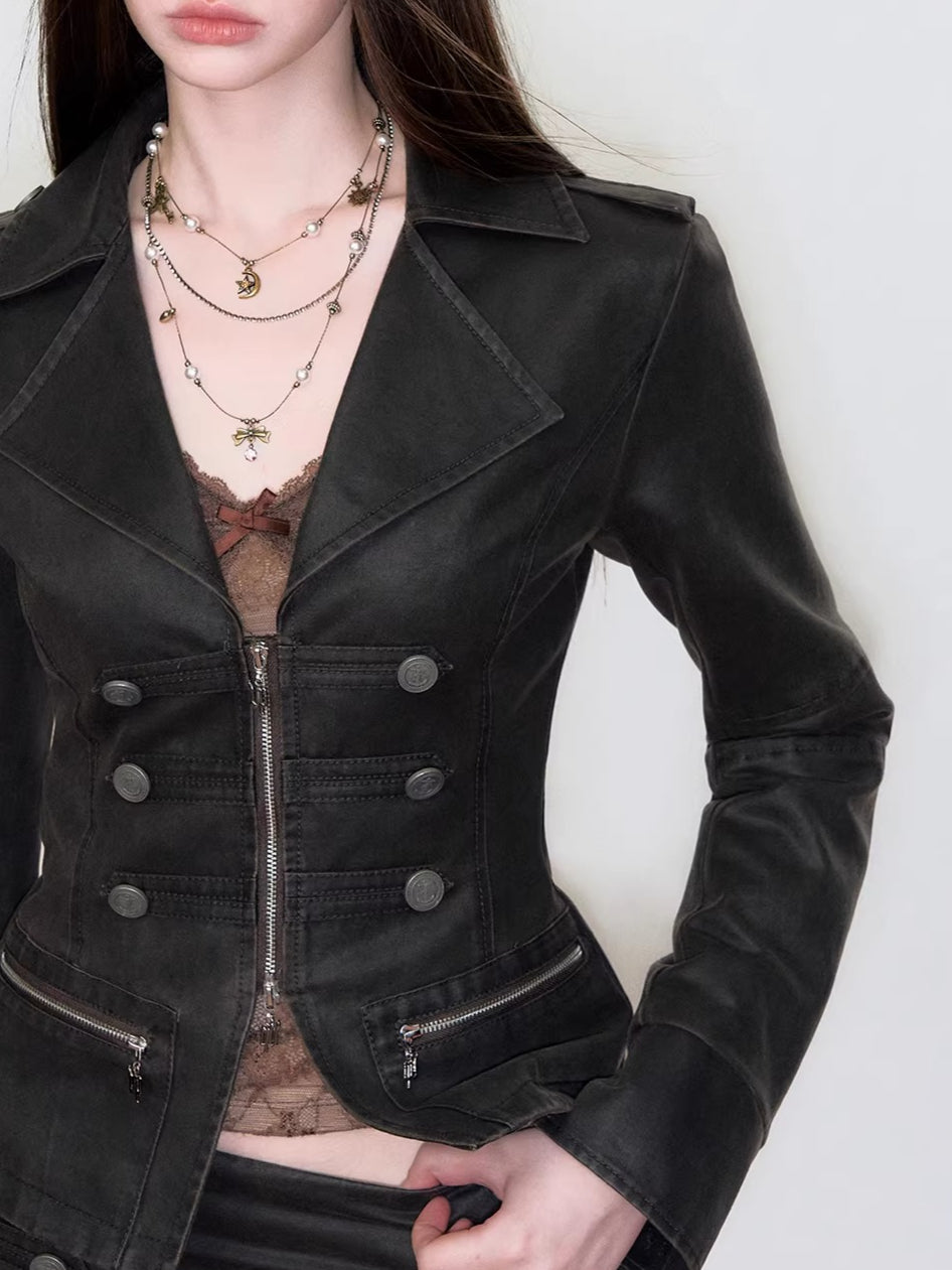 Double Breasted PU Moto Jacket