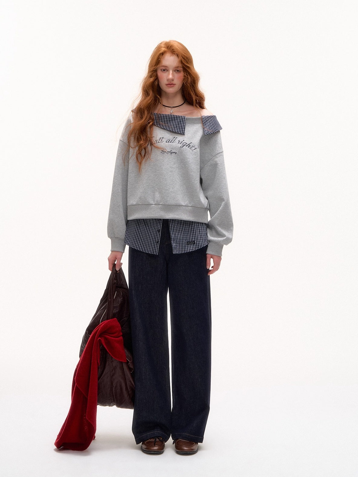 Plaid Embroidery Off-Shoulder Sweatshirt