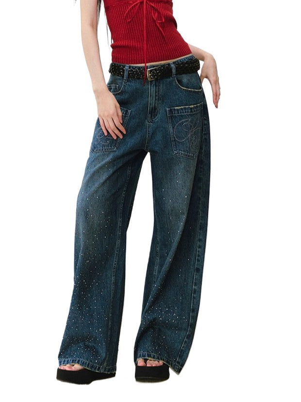 3D Rhinestone Wide-leg Denim Pants