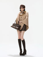 Detachable Fur Collar Cable Knit Cape