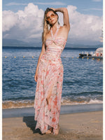 Floral-print Floral Ribbon Neckline Hollow-out Dress