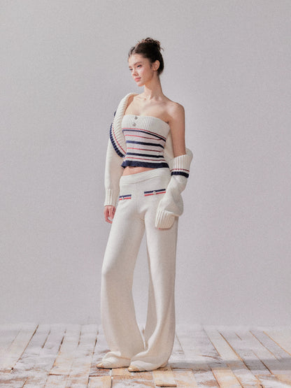 Striped Oversized Collar Knit Cardigan and Pants Set