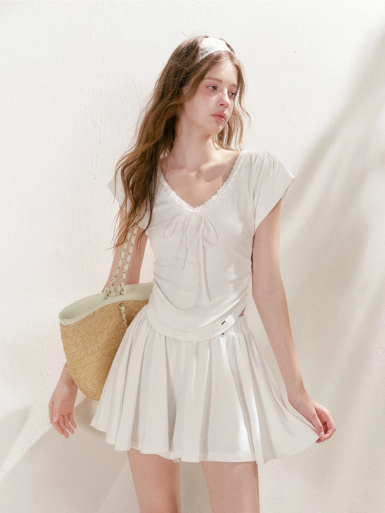 Lace-Trim Tie-Front T-Shirt &amp; Skort Set
